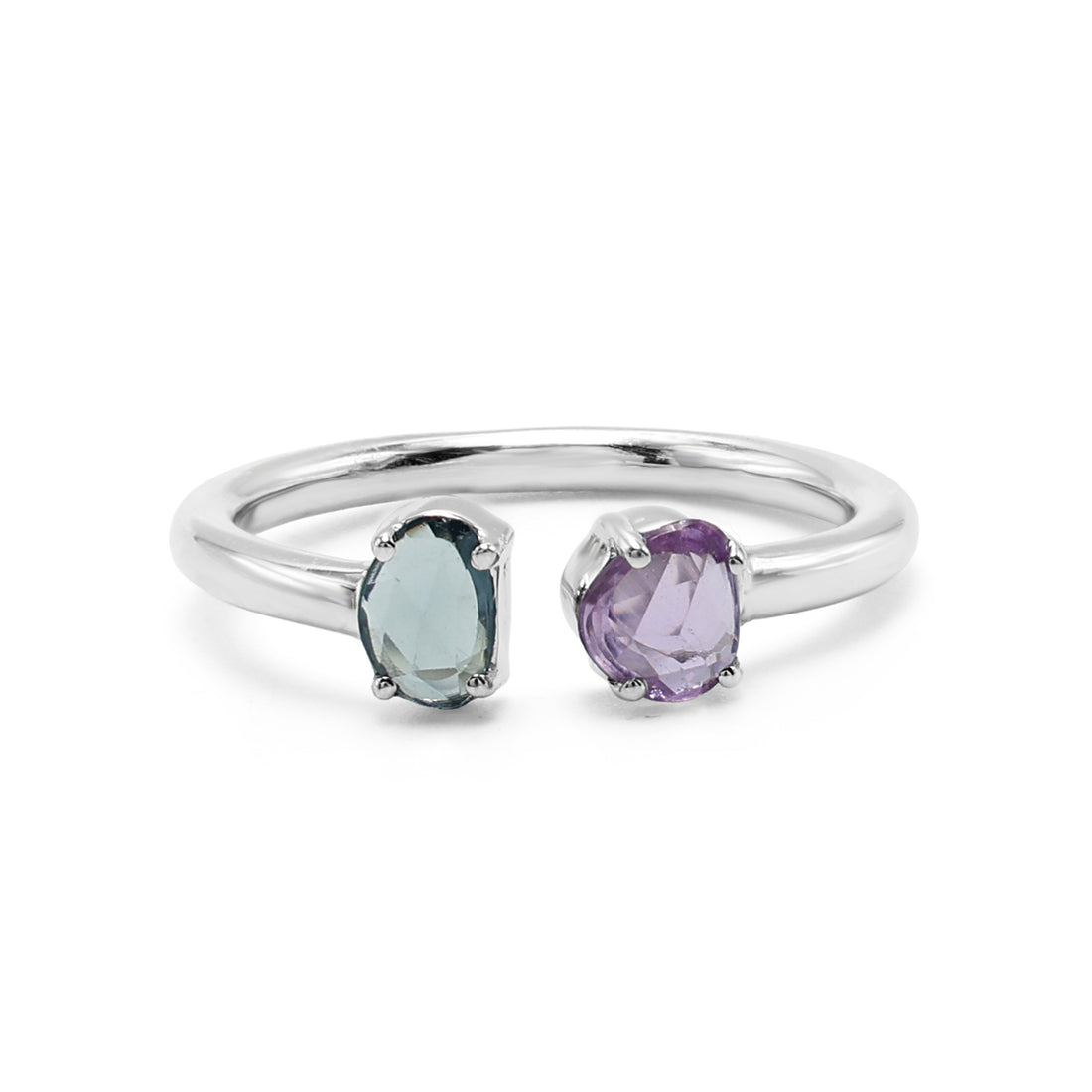 Minimalist Toi et Moi Open Ring with Oval Purple & Blue Sapphire in 925 Sterling Silver