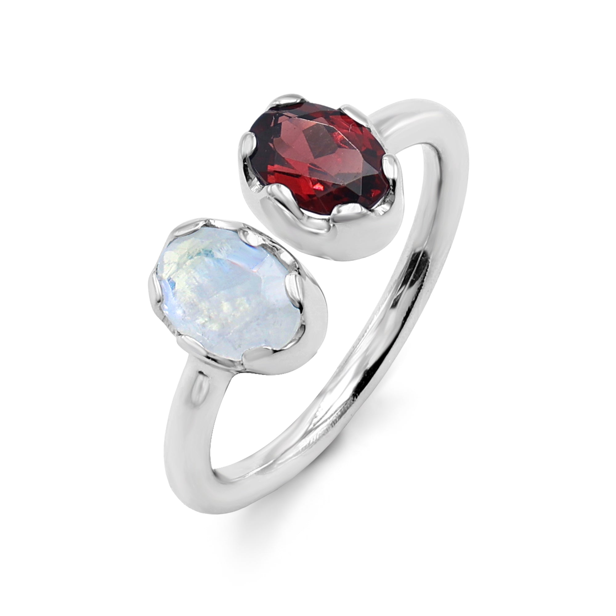 Mystical Toi et Moi Ring with Rainbow Moonstone & Garnet in Crown Bezel Setting