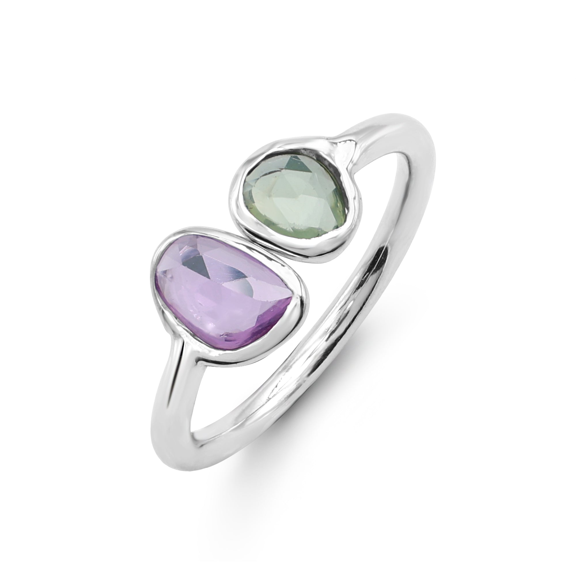 Organic Rose-Cut Pink & Green Sapphire Toi et Moi Ring in 925 Sterling Silver