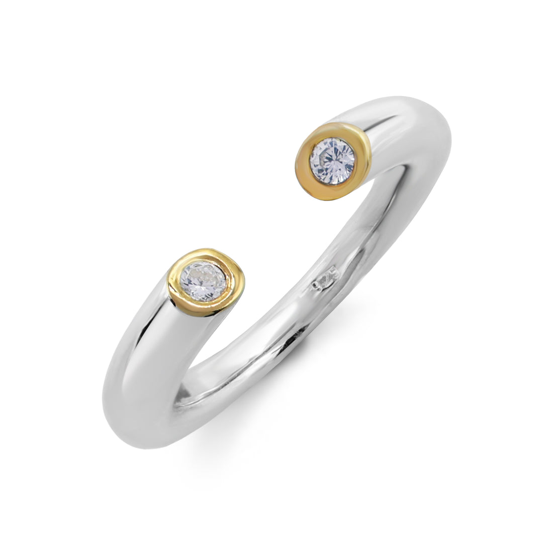 Minimalist Moissanite Open Cuff Ring with Gold Accent Bezel in 925 Sterling Silver