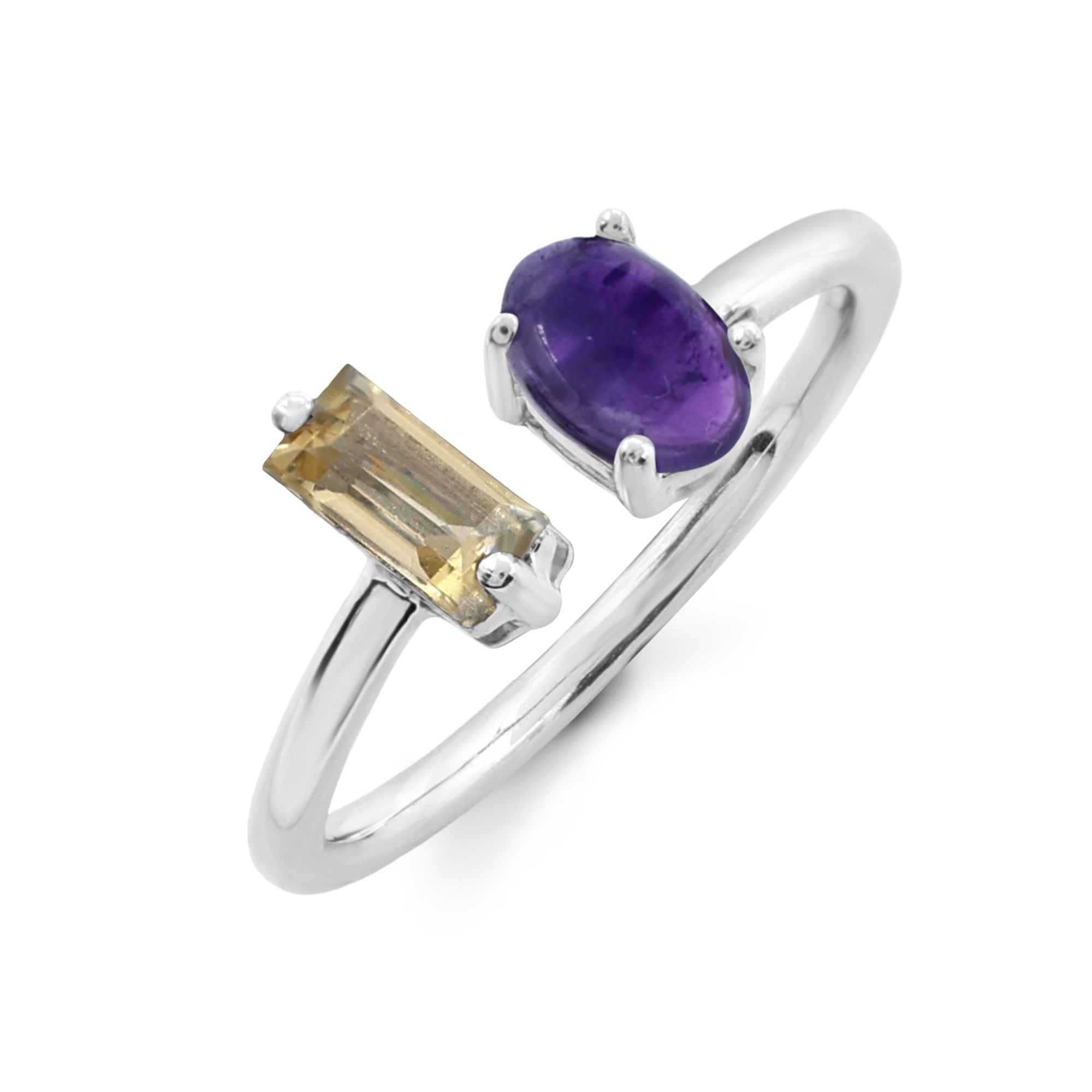 Asymmetrical Toi et Moi Ring with Baguette Citrine & Amethyst Cabochon in Sterling Silver