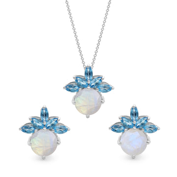 Blue Topaz &amp; Rainbow Moonstone Pendant Set