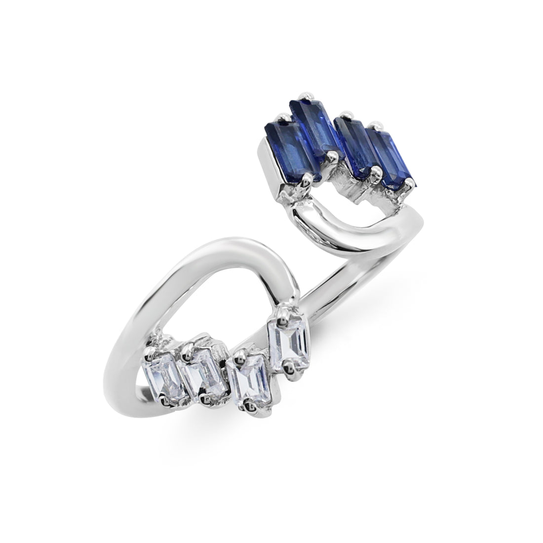 Modern Geometric Open Ring with Lab-Grown Blue Sapphire & Baguette CZ in 925 Sterling Silver