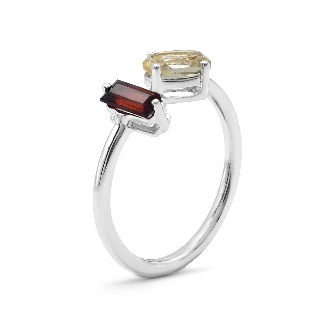 Asymmetrical Toi et Moi Ring with Baguette Garnet & Oval Citrine in Sterling Silver