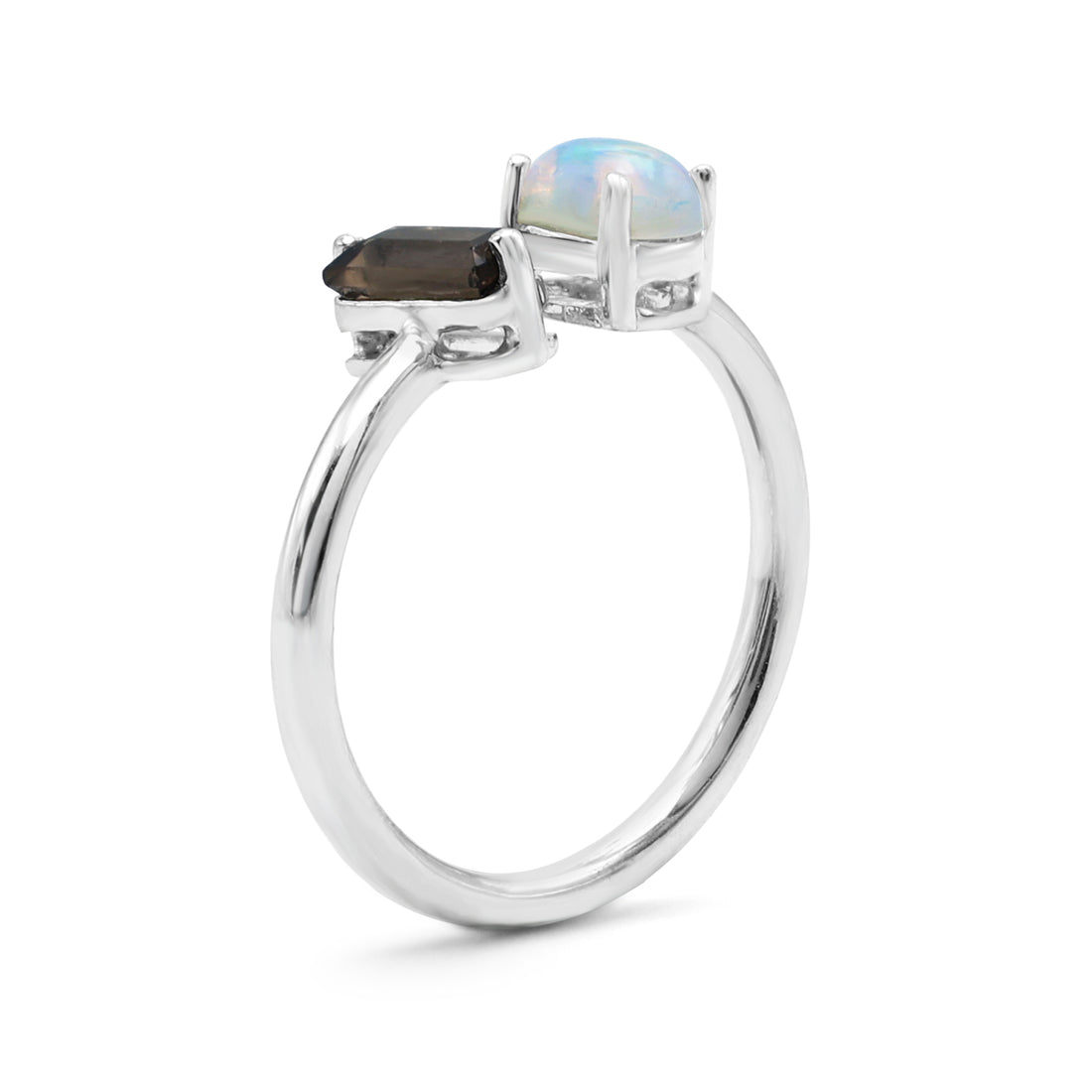 Asymmetrical Toi et Moi Ring with Opal Cabochon & Baguette Smoky Quartz in Sterling Silver