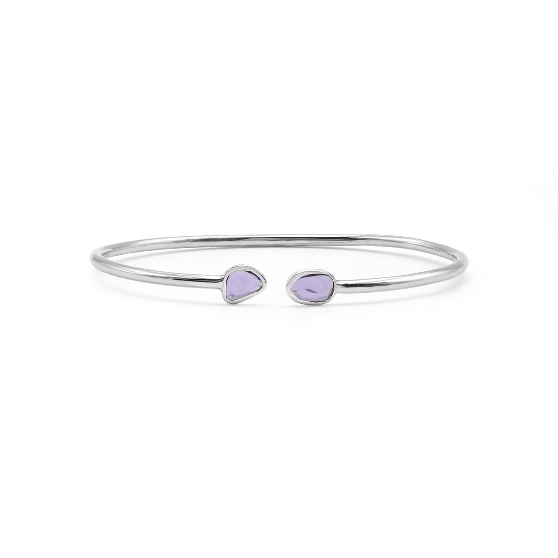 Minimalist Open Cuff Bangle with Freeform Purple Sapphire in 925 Sterling Silver