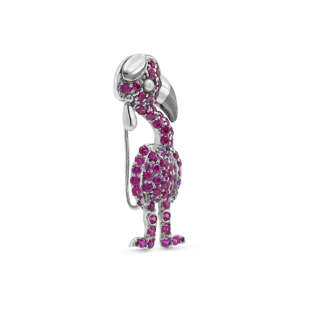 Whimsical Pink Flamingo Brooch with Lab-Grown Pink Sapphires & Pearl in 925 Sterling Silver