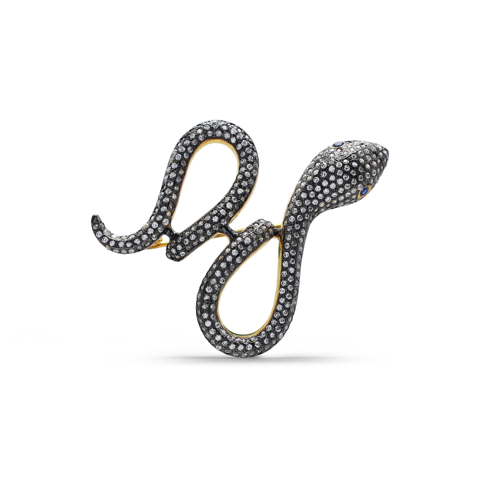 Elegant Coiling Snake Brooch with Pavé Cubic Zirconia & Sapphire-Blue Accents in Two-Tone Sterling Silver
