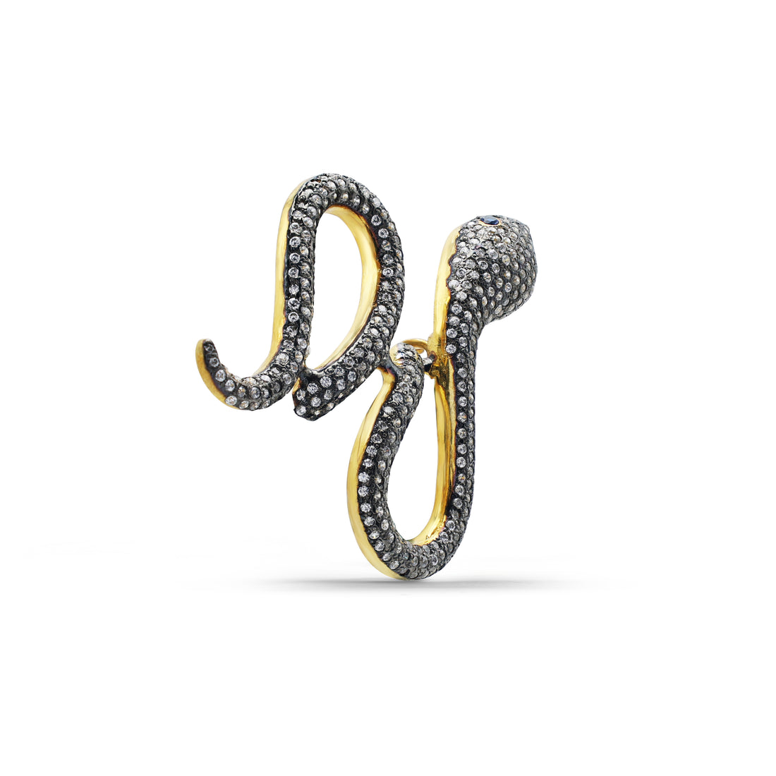 Elegant Coiling Snake Brooch with Pavé Cubic Zirconia & Sapphire-Blue Accents in Two-Tone Sterling Silver