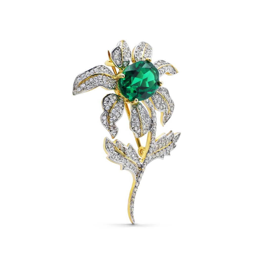 Magnificent Floral Brooch with Oval Lab-Grown Emerald & Pavé CZ in Two-Tone 925 Sterling Silver