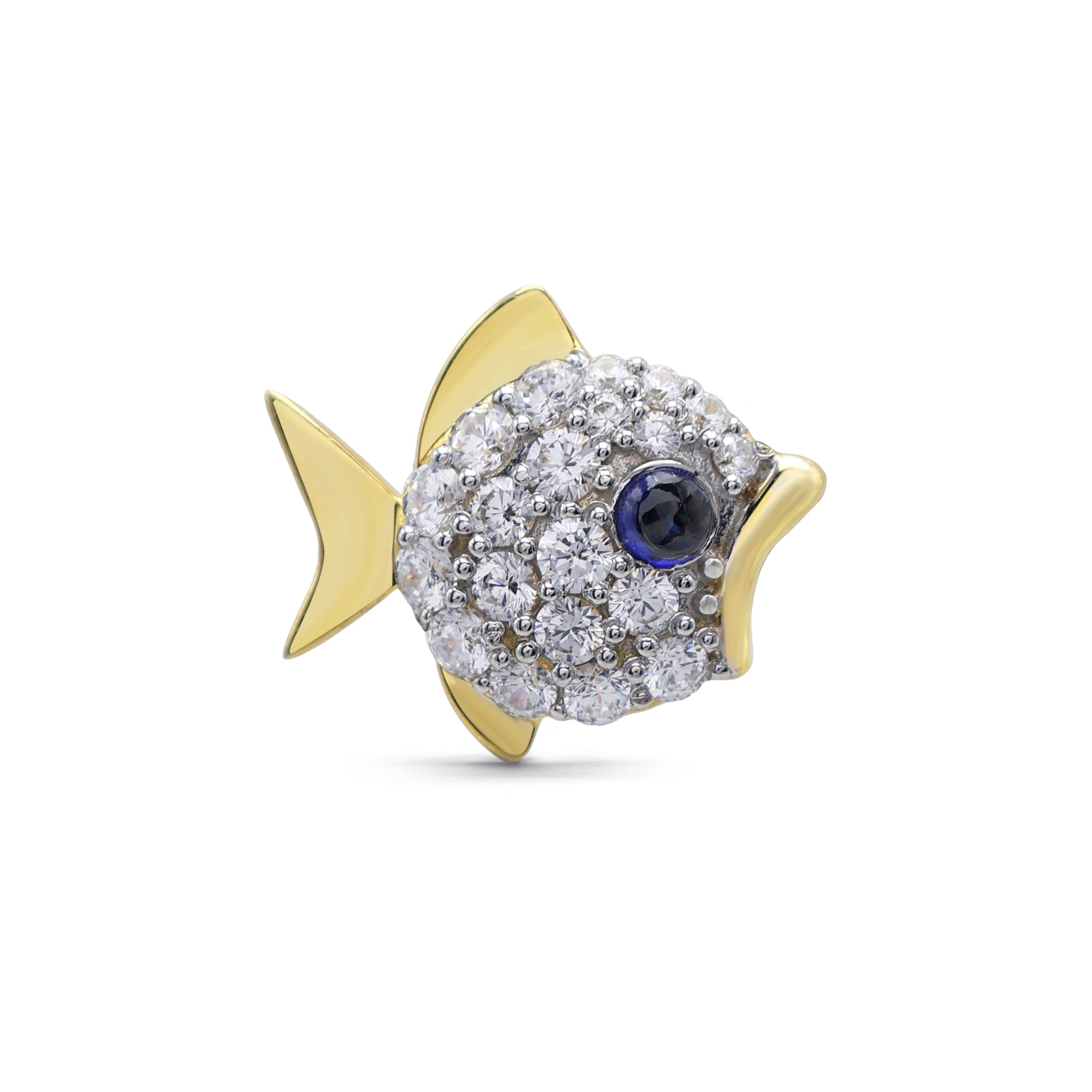 Whimsical Fish Brooch with Pavé Cubic Zirconia & Lab-Grown Sapphire Eye in Two-Tone 925 Sterling Silver