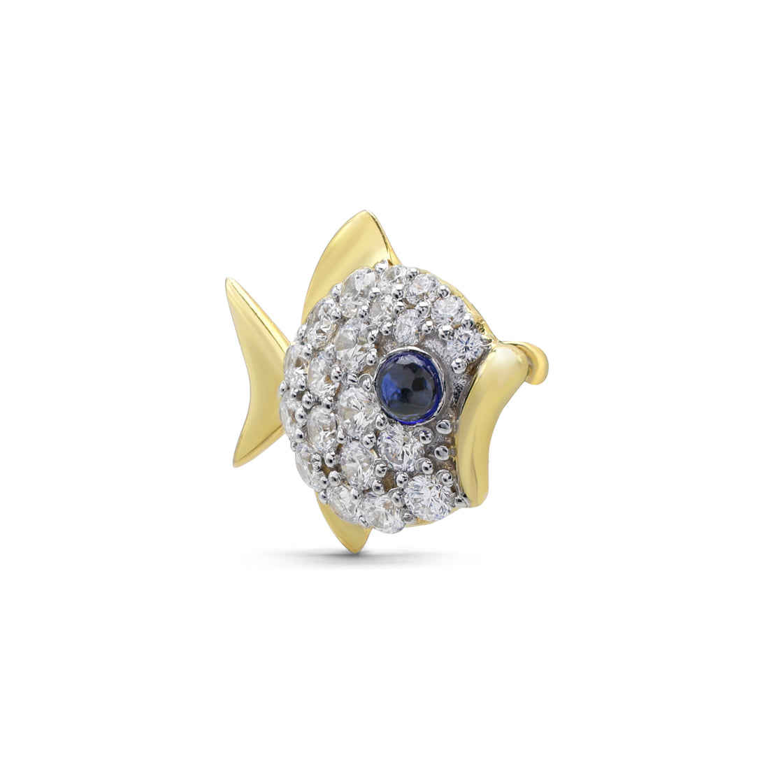 Whimsical Fish Brooch with Pavé Cubic Zirconia & Lab-Grown Sapphire Eye in Two-Tone 925 Sterling Silver