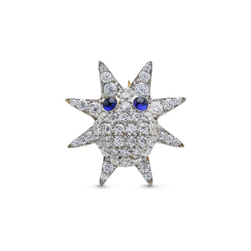 Whimsical Sparkling Star Brooch with Pavé Cubic Zirconia & Lab-Grown Sapphire Eyes in Two-Tone Sterling Silver