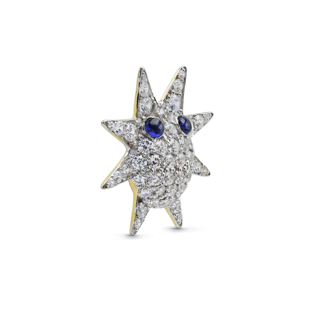 Whimsical Sparkling Star Brooch with Pavé Cubic Zirconia & Lab-Grown Sapphire Eyes in Two-Tone Sterling Silver