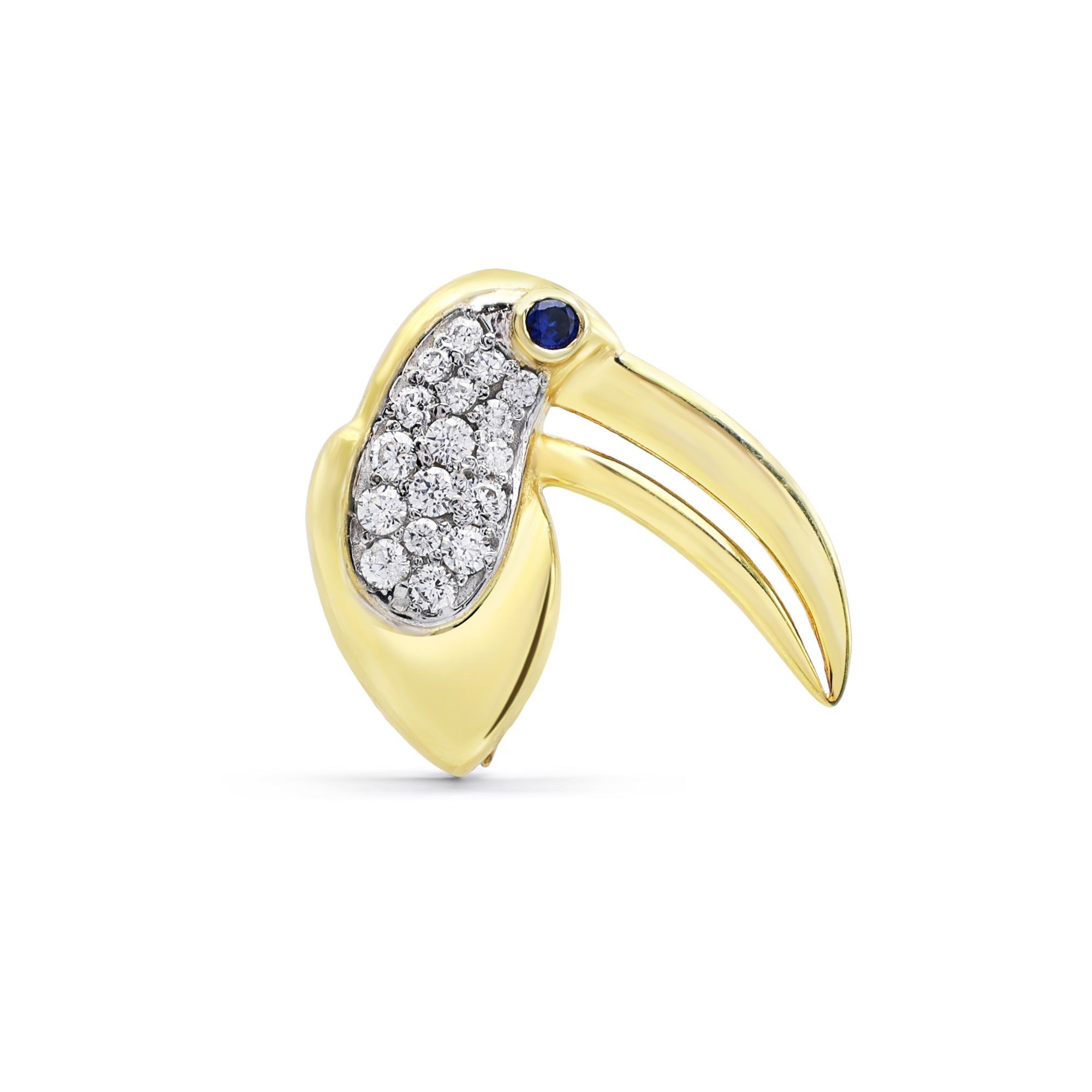 Modern Toucan Brooch with Pavé Cubic Zirconia & Sapphire Eye in Two-Tone 925 Sterling Silver