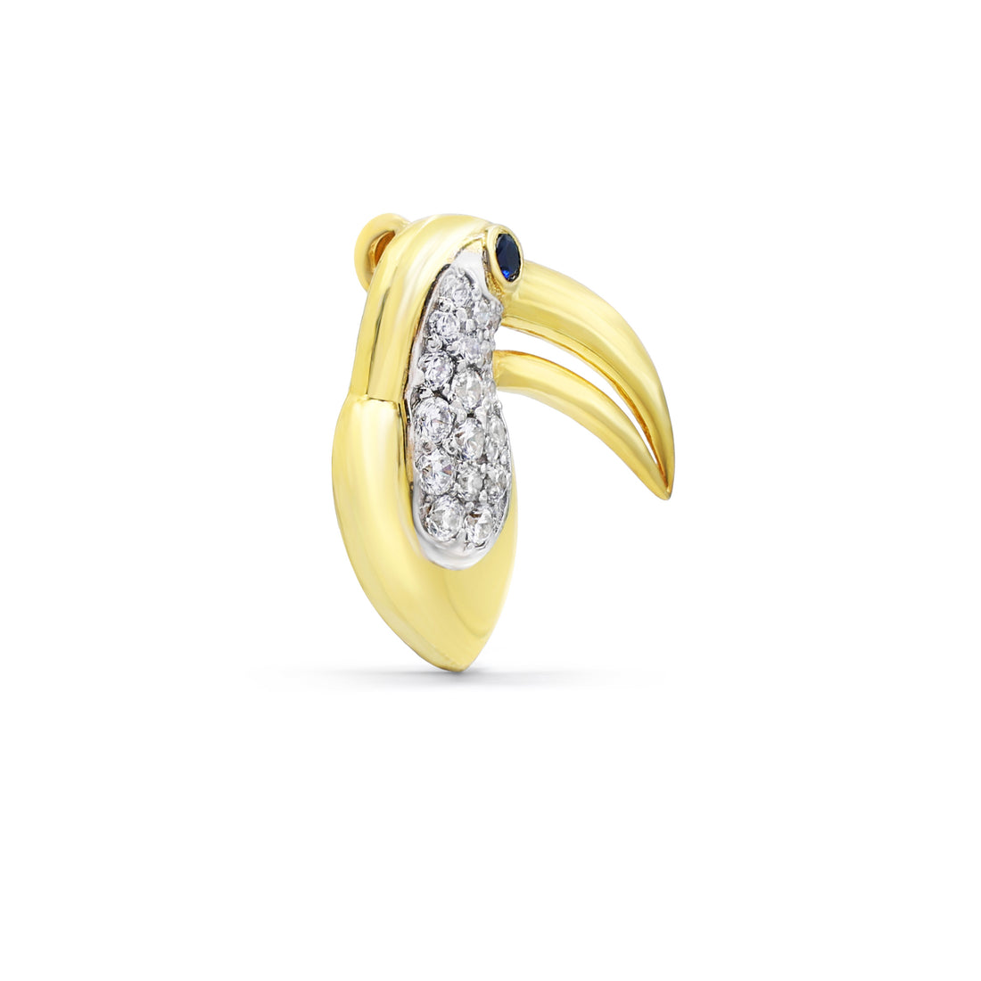 Modern Toucan Brooch with Pavé Cubic Zirconia & Sapphire Eye in Two-Tone 925 Sterling Silver