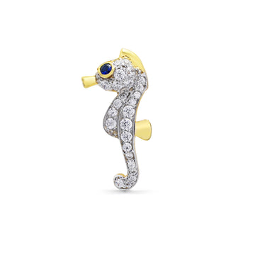 Whimsical Seahorse Brooch with Pavé CZ & Lab-Grown Sapphire Eye in Two-Tone 925 Sterling Silver
