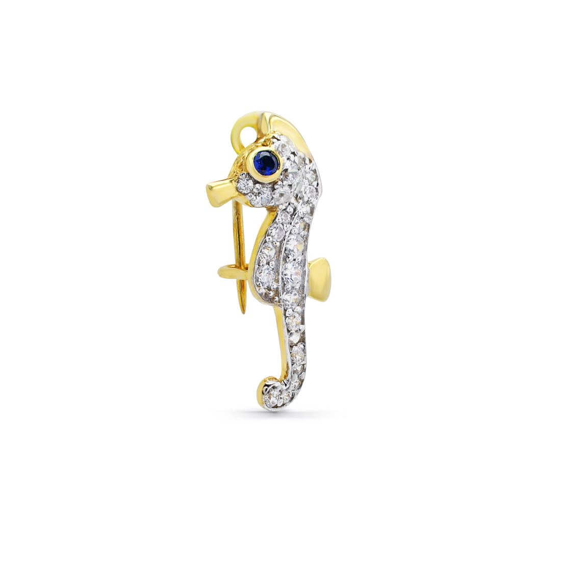 Whimsical Seahorse Brooch with Pavé CZ & Lab-Grown Sapphire Eye in Two-Tone 925 Sterling Silver