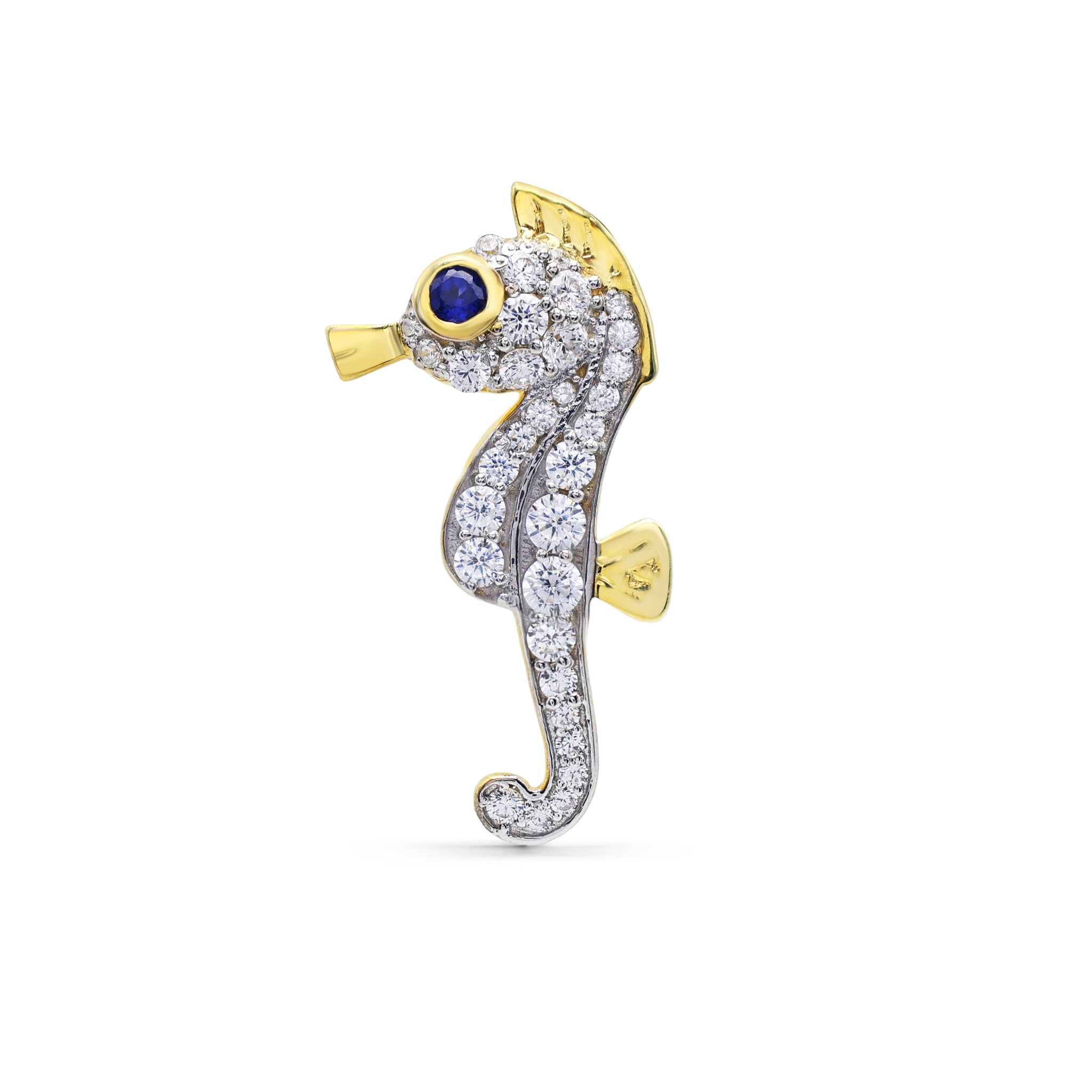Sparkling Seahorse Brooch with Pavé CZ & Lab-Grown Sapphire Eye in Two-Tone 925 Sterling Silver