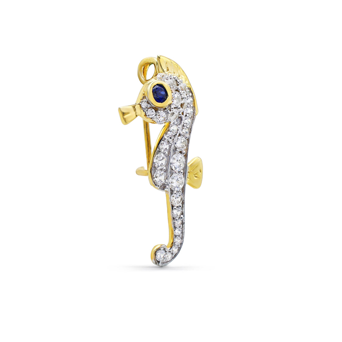 Sparkling Seahorse Brooch with Pavé CZ & Lab-Grown Sapphire Eye in Two-Tone 925 Sterling Silver