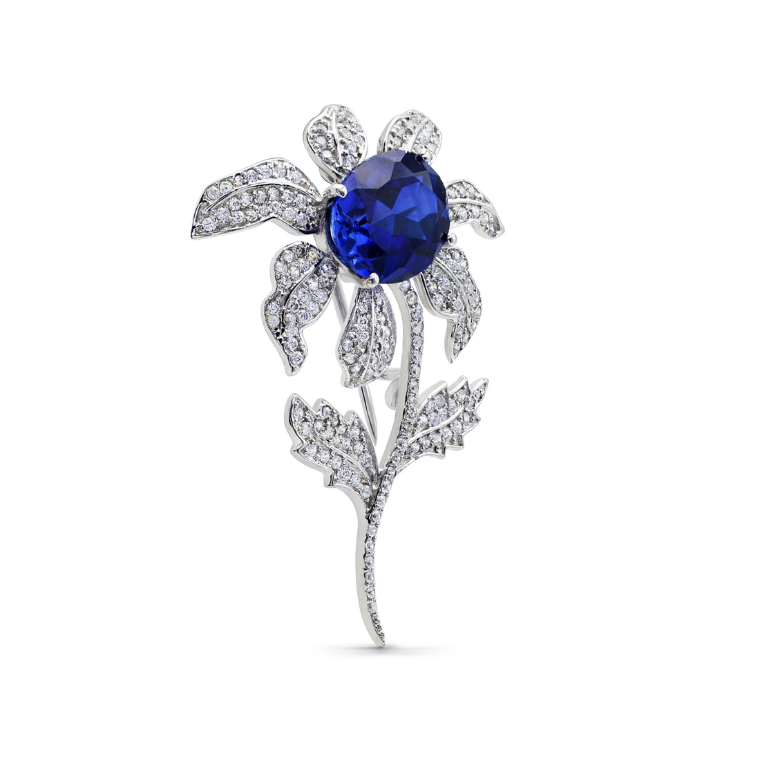 Magnificent Floral Brooch with Lab-Grown Blue Sapphire & Pavé CZ in 925 Sterling Silver