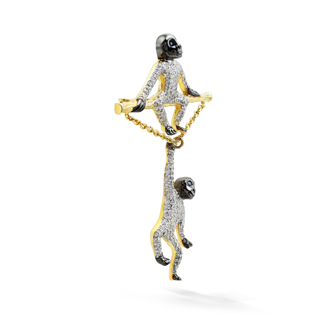 Whimsical Dangle Monkey Brooch with Pavé Cubic Zirconia & Sapphire Eyes in Two-Tone 925 Sterling Silver