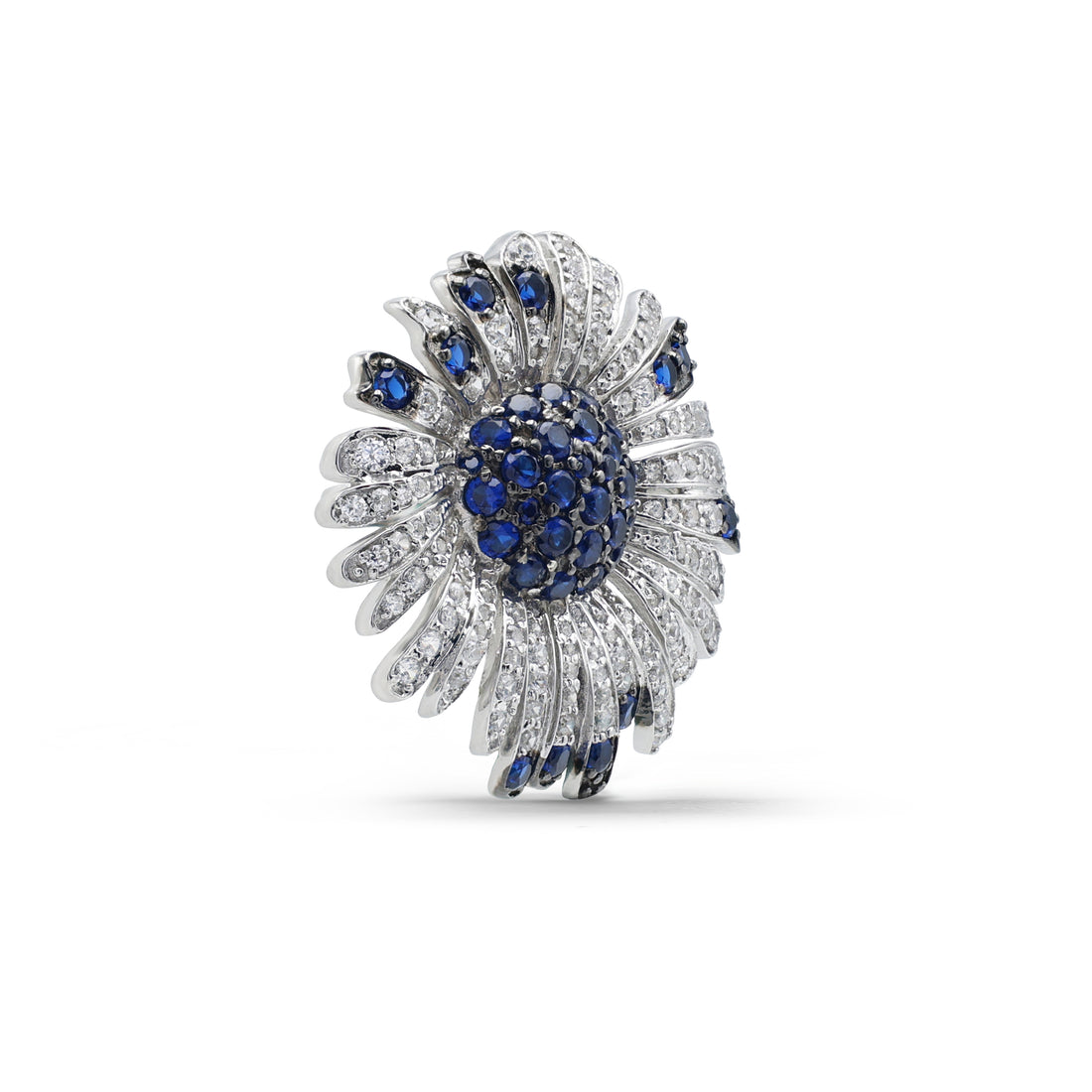 Statement Floral Sunburst Brooch with Lab-Grown Sapphire & Pavé CZ in 925 Sterling Silver