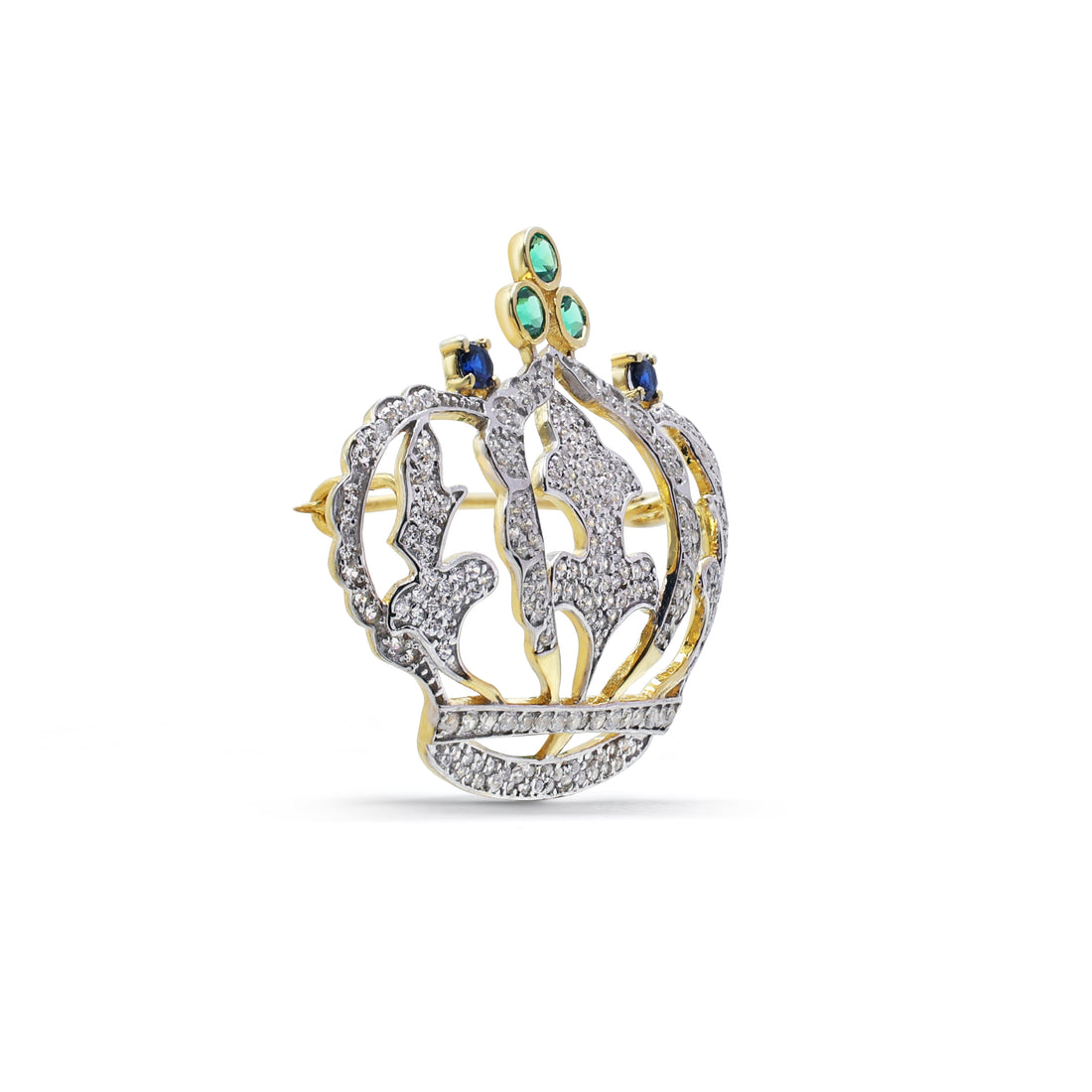 Regal Crown Brooch with Pavé CZ, Lab-Grown Emerald & Sapphire in Two-Tone 925 Sterling Silver
