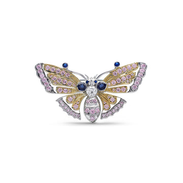 Sparkling Butterfly Brooch with Lab-Grown Pink & Blue Sapphire & CZ in Two-Tone 925 Sterling Silver