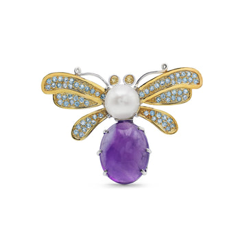 Artisan Amethyst & Pearl Butterfly Brooch with Blue Topaz Wings in Two-Tone 925 Sterling Silver