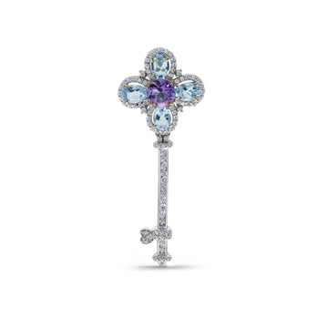 Regal Fleur-de-Lis Key Brooch with Amethyst, Blue Topaz & Pavé CZ in Two-Tone 925 Sterling Silver