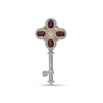 Regal Key Brooch with Rose Quartz, Garnet & Pavé CZ in Two-Tone 925 Sterling Silver