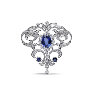 Vintage-Style Lab-Grown Sapphire & CZ Filigree Brooch in 925 Sterling Silver