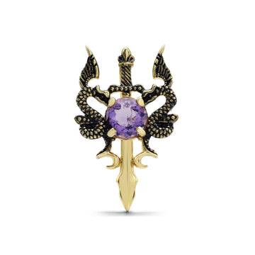Gothic Dragon Sword Brooch with Round Amethyst in Two-Tone 925 Sterling Silver