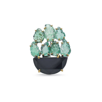 Artisan Carved Emerald Leaf & Black Onyx Vase Brooch in Two-Tone 925 Sterling Silver