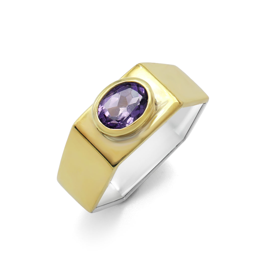 Bold Two-Tone Amethyst Signet Ring in Gold Finish 925 Sterling Silver