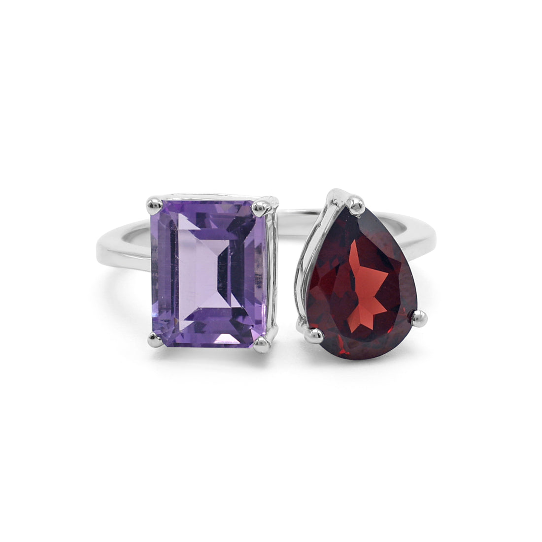 Toi et Moi Statement Ring with Emerald-Cut Amethyst & Pear-Cut Garnet in 925 Sterling Silver