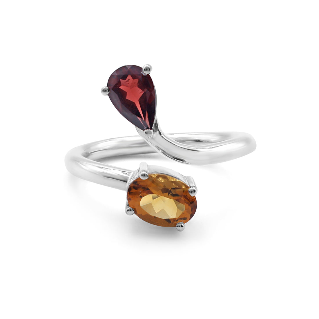 Toi et Moi Bypass Ring with Pear-Cut Garnet & Oval-Cut Citrine in 925 Sterling Silver