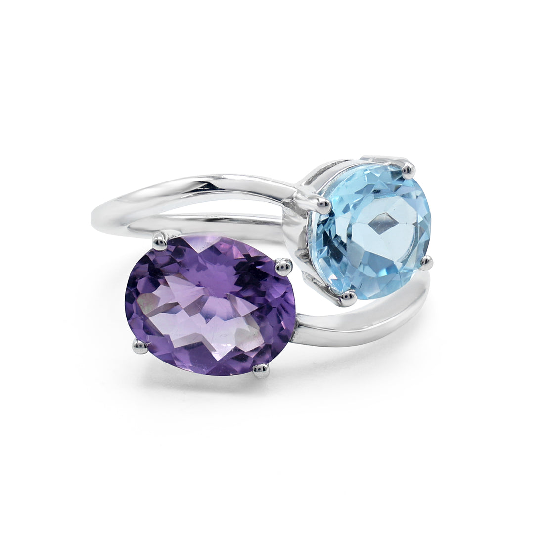 Toi et Moi Bypass Ring with Oval Amethyst & Blue Topaz in 925 Sterling Silver