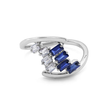 Contemporary Two-Row Baguette Ring with Laboratory-Grown Blue Sapphire & CZ in Sterling Silver