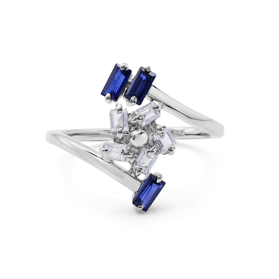 Modern Cluster Bypass Ring with Baguette Lab-Grown Sapphire & CZ in 925 Sterling Silver