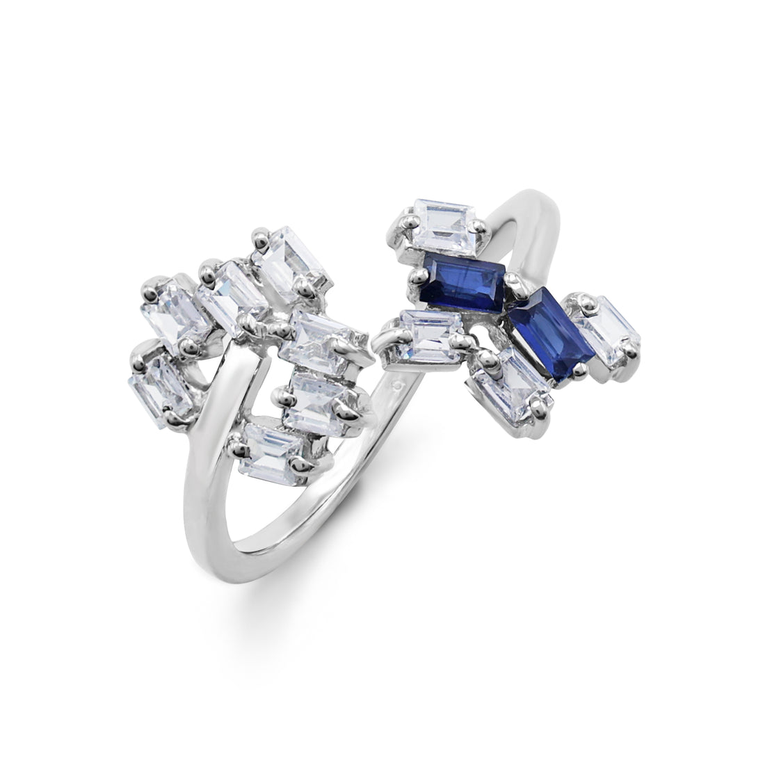 Dynamic Abstract Cluster Ring with Lab-Grown Sapphire & Baguette CZ in 925 Sterling Silver