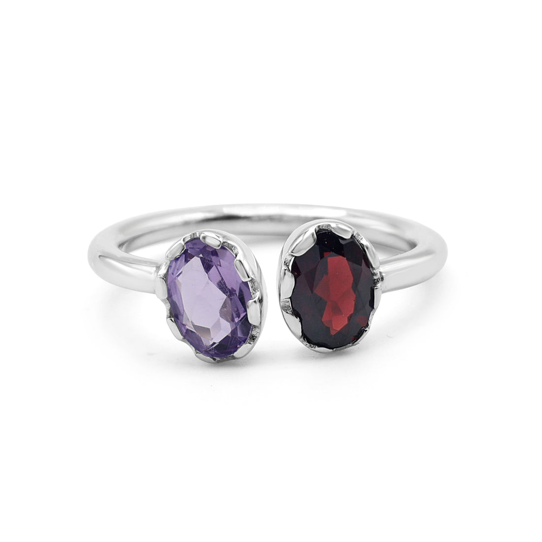 Toi et Moi Open Ring with Oval Garnet & Amethyst in Crown Bezel Setting
