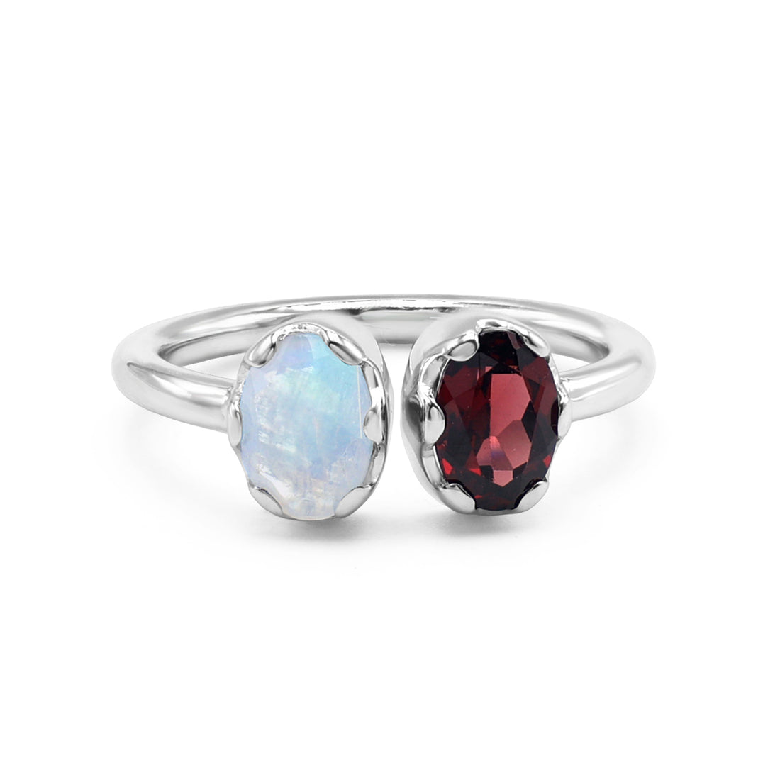 Mystical Toi et Moi Ring with Rainbow Moonstone & Garnet in Crown Bezel Setting