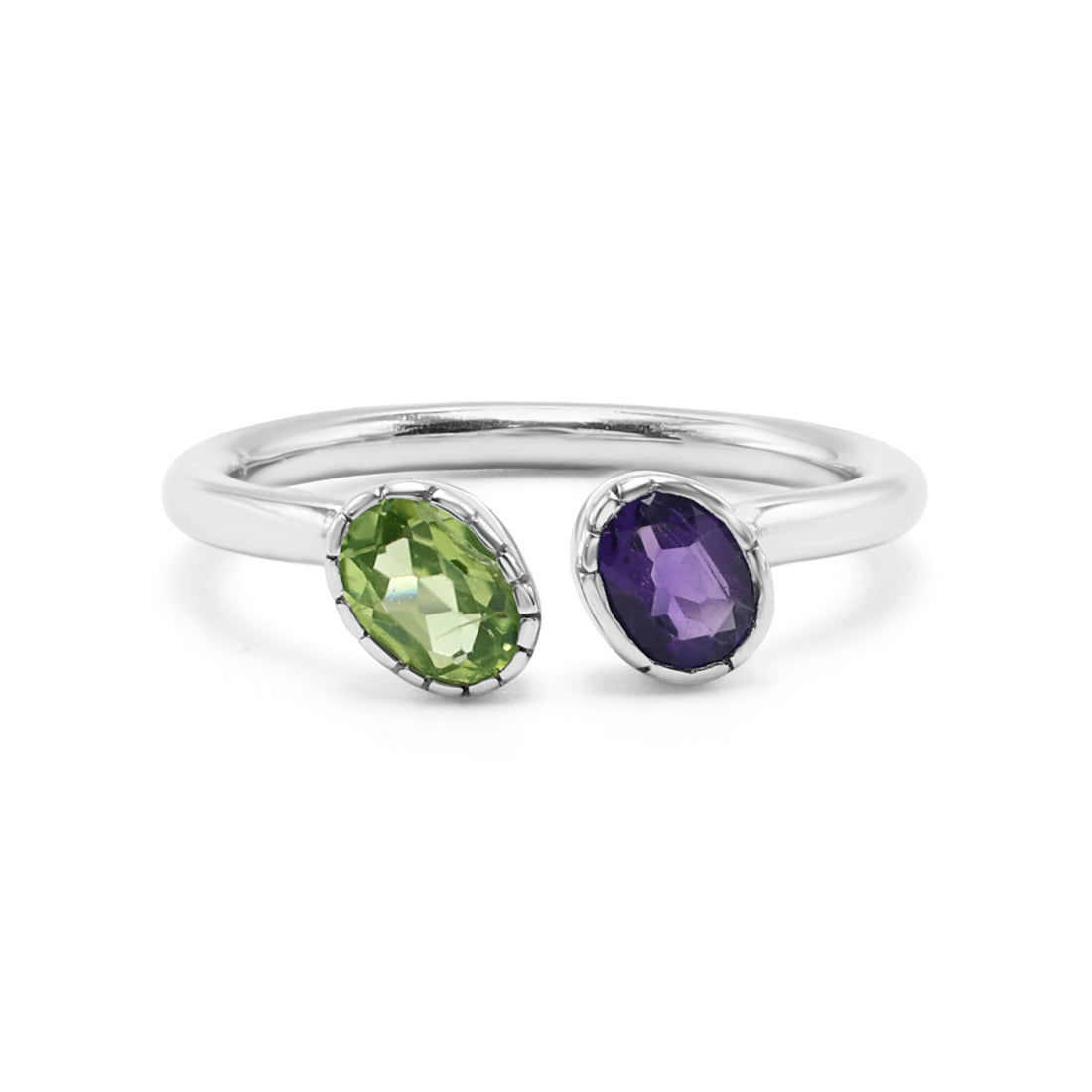 Toi et Moi Open Ring with Oval Amethyst & Peridot in Milgrain Bezel Setting