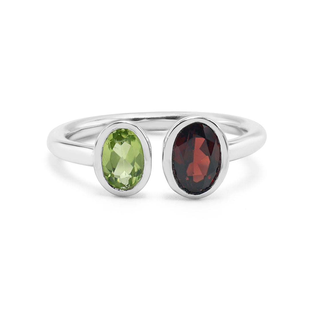 Minimalist Toi et Moi Ring with Bezel-Set Oval Peridot & Garnet in Sterling Silver