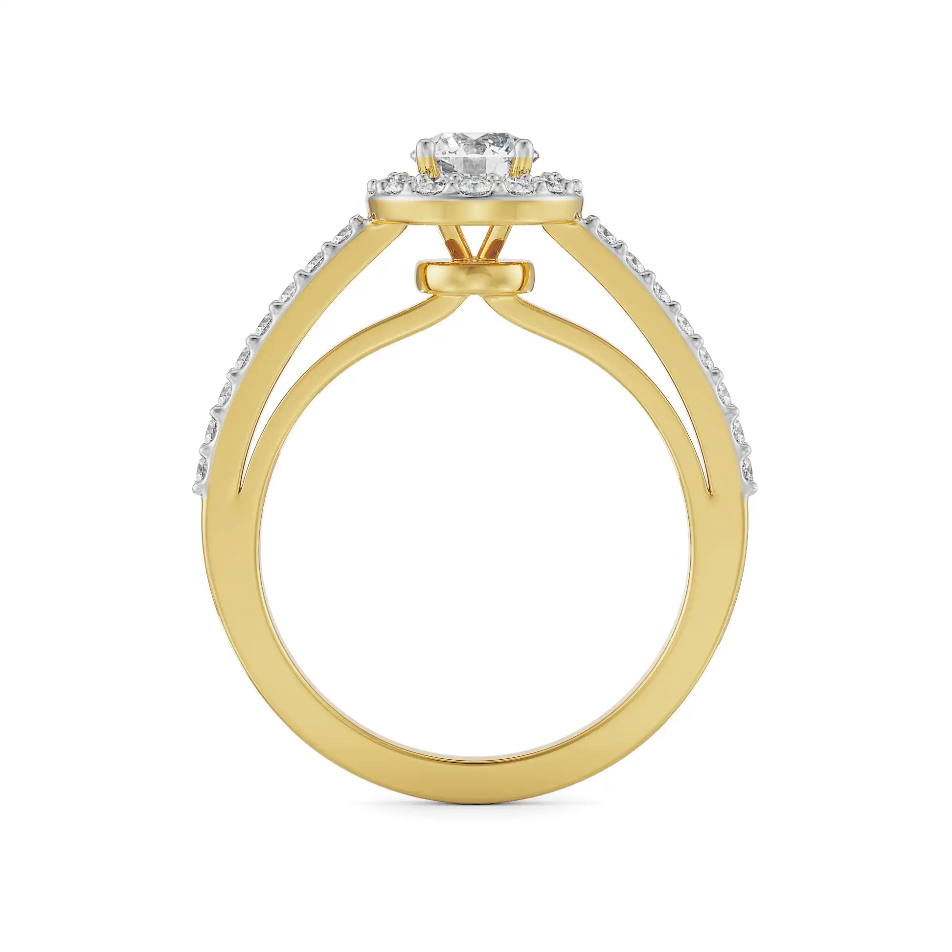 Radiant Round Halo Diamond Ring in 18K Yellow Gold with Pavé Band Back View