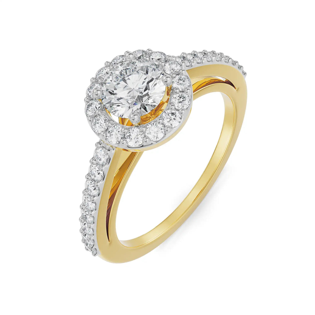 Radiant Round Halo Diamond Ring in Yellow Gold with Pavé Band