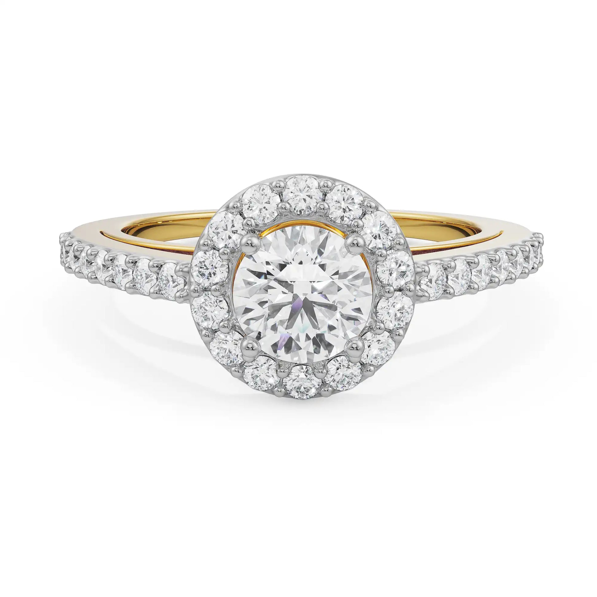 Radiant Round Halo Diamond Ring in Yellow Gold with Pavé Band