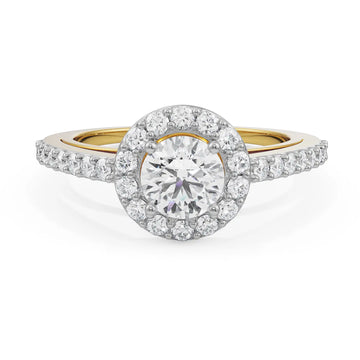 Radiant Round Halo Diamond Ring in Yellow Gold with Pavé Band